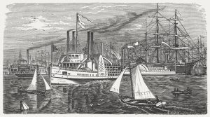 Ship traffic on the Hudson river, wood engraving, published 1880